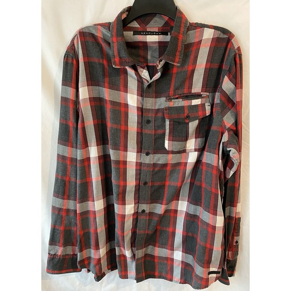Sean John Shirt Mens 2XL XXL‎ Red Gray Plaid  Long Sleeve Button Cotton